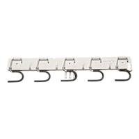 The white equipment rack (440 x 50 mm) from Diversey Deutschland GmbH & Co. OHG features four black hooks for hanging items or organizing small electronic devices. It is delivered as a single piece.