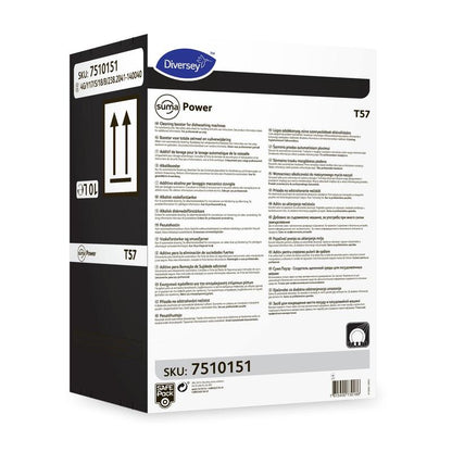 Eine weiße Schachtel Suma Power T57 Alkalibooster für maschinelle Geschirrspülsysteme von Diversey Deutschland GmbH & Co. OHG, mit mehrsprachiger Anleitung, schwarzem Seitenteil und SKU 7510151 auf zwei Etiketten.
