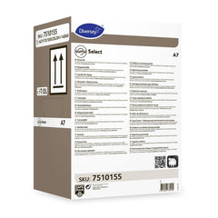 A rectangular box labeled “Suma Select A7 – Neutral Rinse Aid” by Diversey Deutschland GmbH & Co. OHG, featuring product details, instructions for use, safety symbols, a barcode, multilingual information, and SKU 7510155.