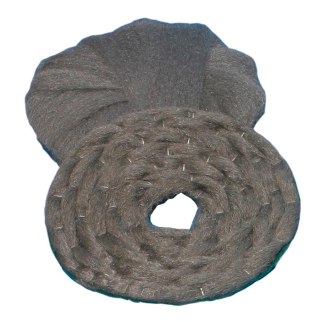 A rolled-up Inox steel wool pad (43 cm) from Diversey Deutschland GmbH & Co. OHG, thick and gray, is shown with a fanned-out end against a white background. This stainless steel pad effectively cleans and polishes stone floors and is reusable. Pack of 1.