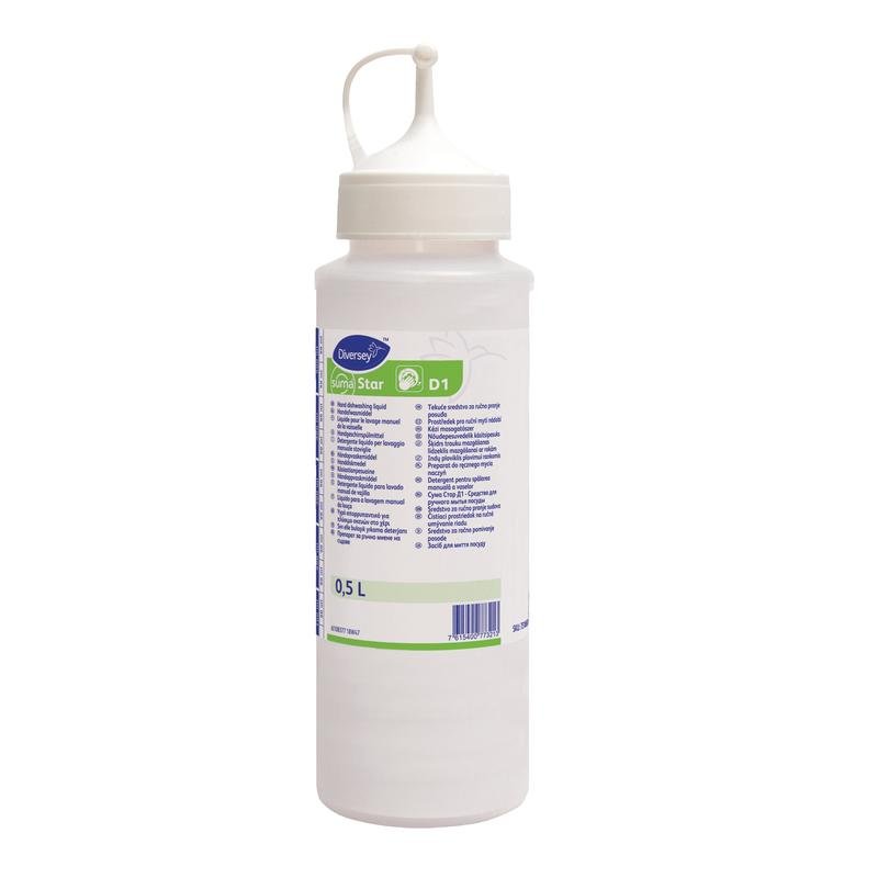 A 0.5L white plastic dispenser bottle labeled "Suma Star D1" by Diversey Deutschland GmbH & Co. OHG, with a pointed spout and cap; includes multilingual instructions. The package contains 6 bottles.