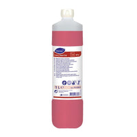 A 1-liter bottle of TASKI Sani Cid Sanitary Maintenance Cleaner from Diversey Deutschland GmbH & Co. OHG features a white cap, a red label with product information, instructions for use on hygienic surfaces, and hazard symbols.