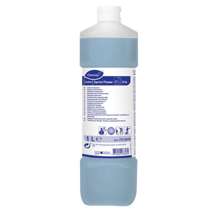A 1-liter bottle of TASKI Sprint Flower Deodorizing Maintenance Cleaner from Diversey Deutschland GmbH & Co. OHG contains a blue liquid, a white cap, and a label with product information, instructions, and safety symbols.