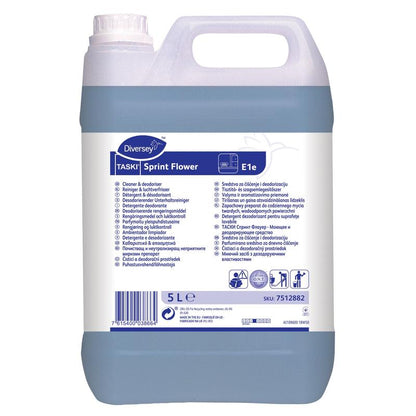 A 5-liter plastic container of TASKI Sprint Flower Deodorizing Maintenance Cleaner from Diversey Deutschland GmbH & Co. OHG, with a white multilingual label and filled with fresh blue cleaning liquid.