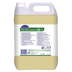 Ein 5-Liter-Kanister Diversey TASKI Jontec Deepstrip, ein leistungsstarker lösemittelhaltiger Reiniger für Linoleumböden, von Diversey Deutschland GmbH & Co. OHG, mit Griff und Schraubverschluss, weiß-grünes Etikett in verschiedenen Sprachen.