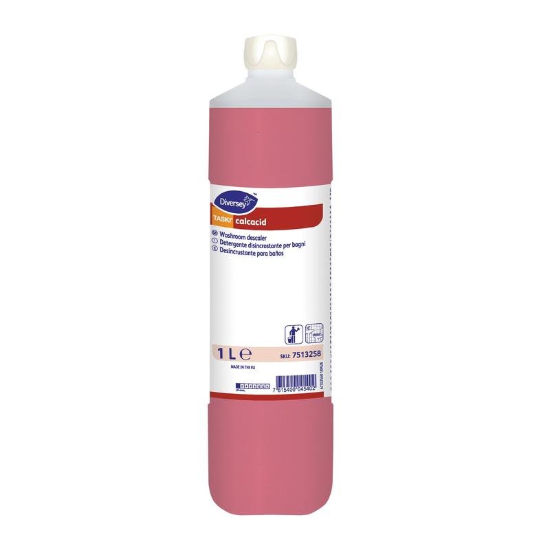 A 1-liter bottle of TASKI Calcacid sanitary cleaner from Diversey Deutschland GmbH & Co. OHG, a pink liquid descaler and bathroom cleaner with a white cap and multilingual label.