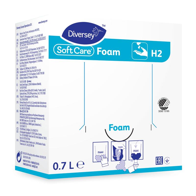 Eine rechteckige Schachtel von Diversey Deutschland GmbH & Co. OHG Soft Care Foam, Milde Schaumseife zur Händereinigung, Kartusche (700 ml), in blau-weißer Verpackung mit englischer und russischer Aufschrift und Gebrauchsanweisung.