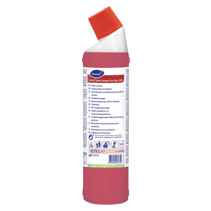 Die rote Flasche TASKI Sani Clonet Pur‑Eco WC‑Reiniger der Diversey Deutschland GmbH & Co. OHG mit weiß-rotem Winkelverschluss fasst 0,75 Liter. Das Etikett enthält mehrsprachige Informationen. Die umweltfreundliche Formel sorgt für hygienische Sauberkeit.
