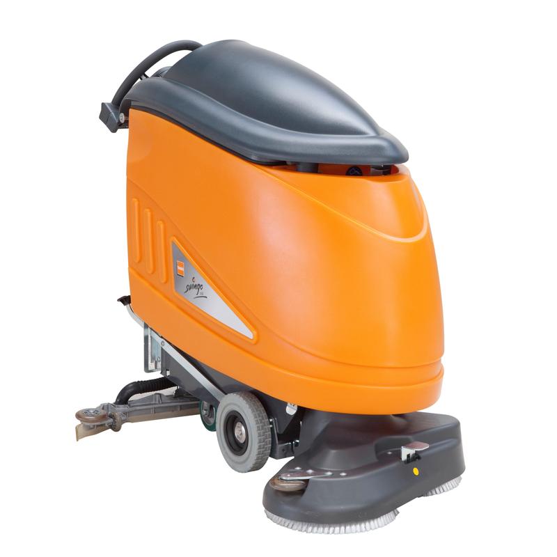 Die TASKI swingo 1650 BMS von Diversey Deutschland GmbH & Co. OHG ist eine orange-graue, batteriebetriebene Scheuersaugmaschine mit großen Rädern, W-förmiger Saugdüse, IntelliFlow-Technologie und Onboard-Ladegerät, abgebildet vor einem weißen Hintergrund.