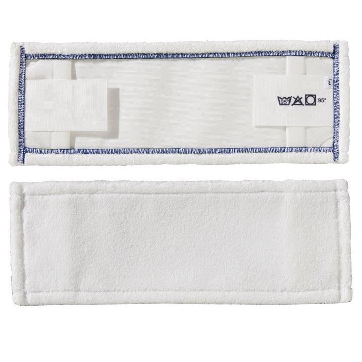 Two rectangular white TASKI MicroEasy Micro Mop covers by Diversey Deutschland GmbH & Co. OHG with rounded corners, blue seams, and care symbols on one side; one shows the front, the other the back. Suitable for microfiber cleaning systems.