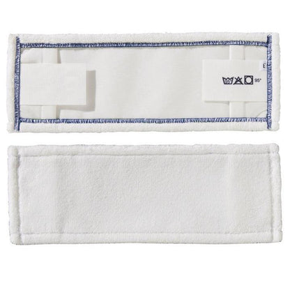 Two rectangular white TASKI MicroEasy Micro Mop covers by Diversey Deutschland GmbH & Co. OHG with rounded corners, blue seams, and care symbols on one side; one shows the front, the other the back. Suitable for microfiber cleaning systems.