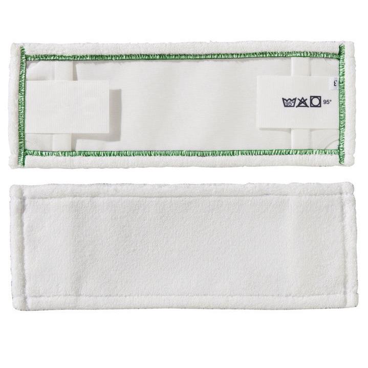 Two rectangular white TASKI MicroEasy Micro Mop made of microfiber pads from Diversey Deutschland GmbH & Co. OHG with green stitched edges; one shows the back with a care symbol, the other the front made of smooth microfiber.