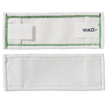 Two rectangular white TASKI MicroEasy Micro Mop made of microfiber pads from Diversey Deutschland GmbH & Co. OHG with green stitched edges; one shows the back with a care symbol, the other the front made of smooth microfiber.