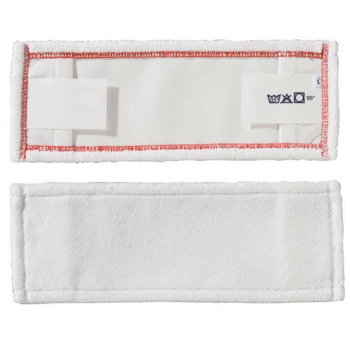 Two rectangular white TASKI MicroEasy Micro Mop pads from Diversey Deutschland GmbH & Co. OHG; one pad with the front side up, the other with the back side up, with care symbols and two fastening strips for streak-free cleaning.