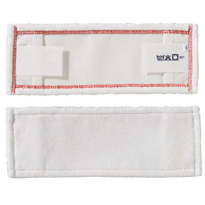 Two rectangular white TASKI MicroEasy Micro Mop pads from Diversey Deutschland GmbH & Co. OHG; one pad with the front side up, the other with the back side up, with care symbols and two fastening strips for streak-free cleaning.