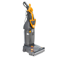 The TASKI swingo 150 E from Diversey is a compact, corded scrubber-dryer with a roller brush and a set of squeegee blades, ideal for small or hard-to-navigate areas. Its upright design ensures efficient cleaning of various floor surfaces. The package contains 1 unit.