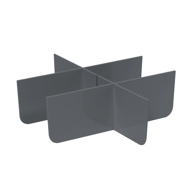 The TASKI Small Drawer Organizer from Diversey Deutschland GmbH & Co. OHG fits into drawers 7517245 and 7517246. It is made of durable gray plastic and consists of four flat panels that form eight open compartments with rounded corners. The package contains 1 piece.