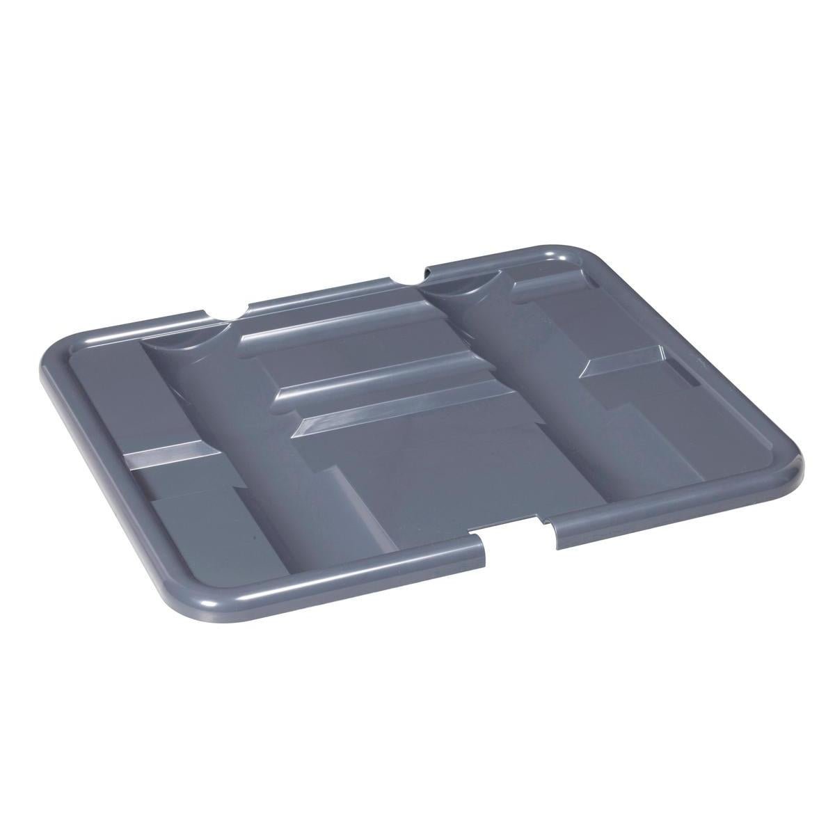 Ein grauer Kunststoffdeckel mit Erhebungen und Randkerben, passend für die TASKI Schale für Abfallsack und Sauger (7517274) von Diversey Deutschland GmbH & Co. OHG für den Einsatz in Reinigungsumgebungen.