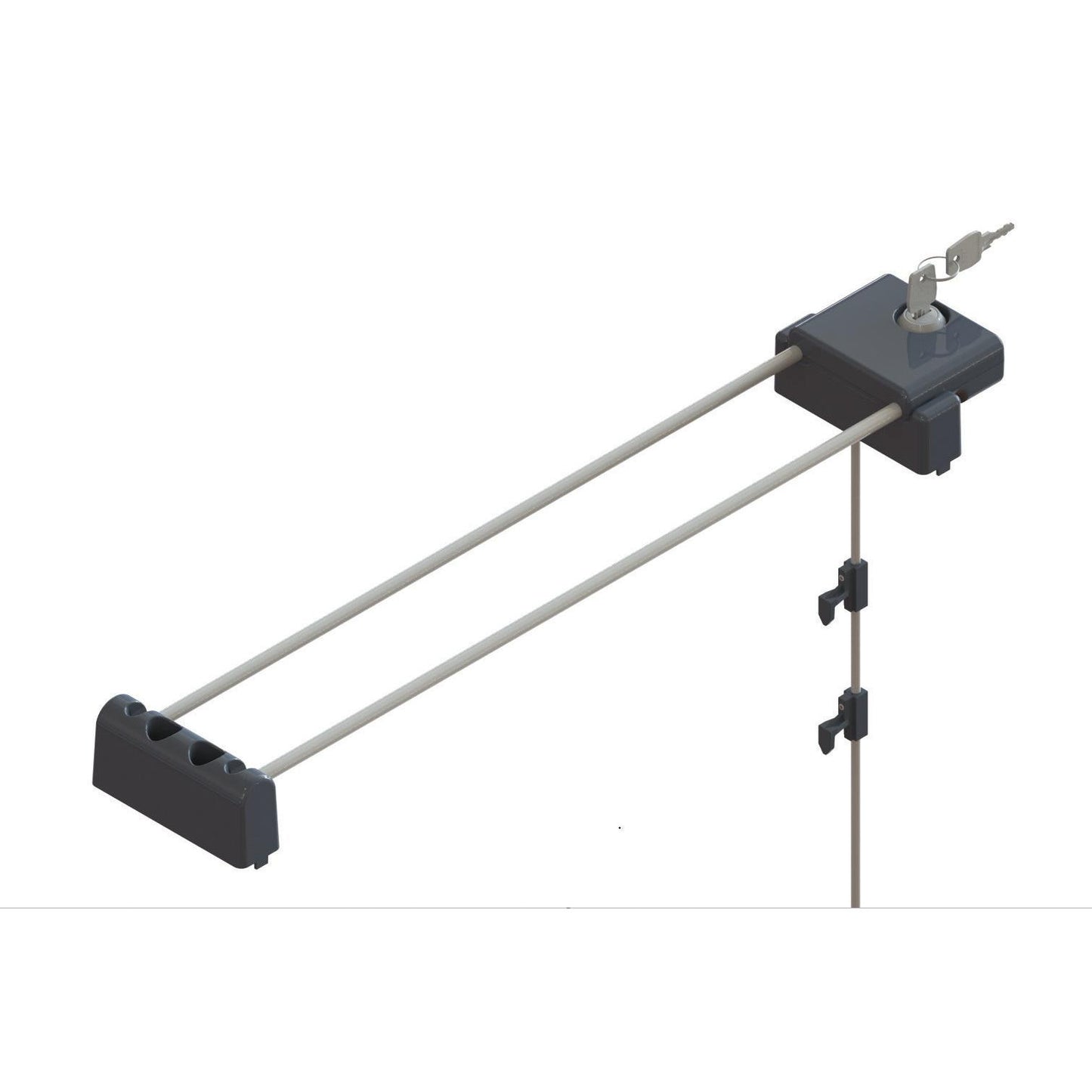 Das TASKI Schließsystem von Diversey Deutschland GmbH & Co. OHG ist ein Sicherheitskabelschloss mit zwei Stangen, Schlüsselschloss und verstellbaren Clips für abschließbare Reinigungswagen, alles mit einem Griff bedienbar und auf weißem Hintergrund abgebildet (1 Stück Packung).
