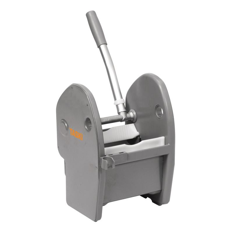The TASKI Plastic Mop Bucket Wringer (Gray) from Diversey Deutschland GmbH & Co. OHG is a sturdy, durable mop bucket wringer with a built-in splash guard, designed to fit TASKI cleaning carts and efficiently wring water out of mop heads. Package contains 1 piece.