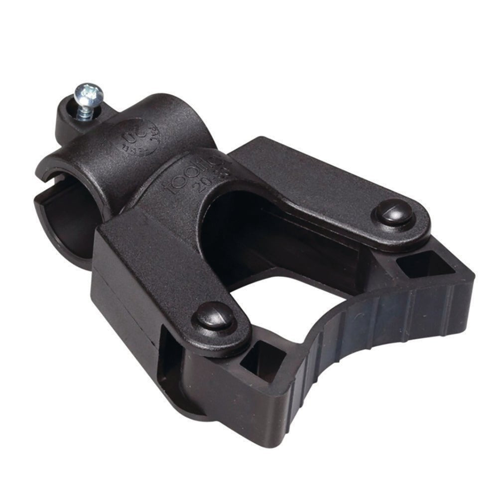 The TASKI handle holder for pipe mounting (20 mm) from Diversey Deutschland GmbH & Co. OHG is a black plastic clamp with a textured grip, a rounded hinge, and a metal bolt—ideal for manual pipe mounting (pack: 1 piece).