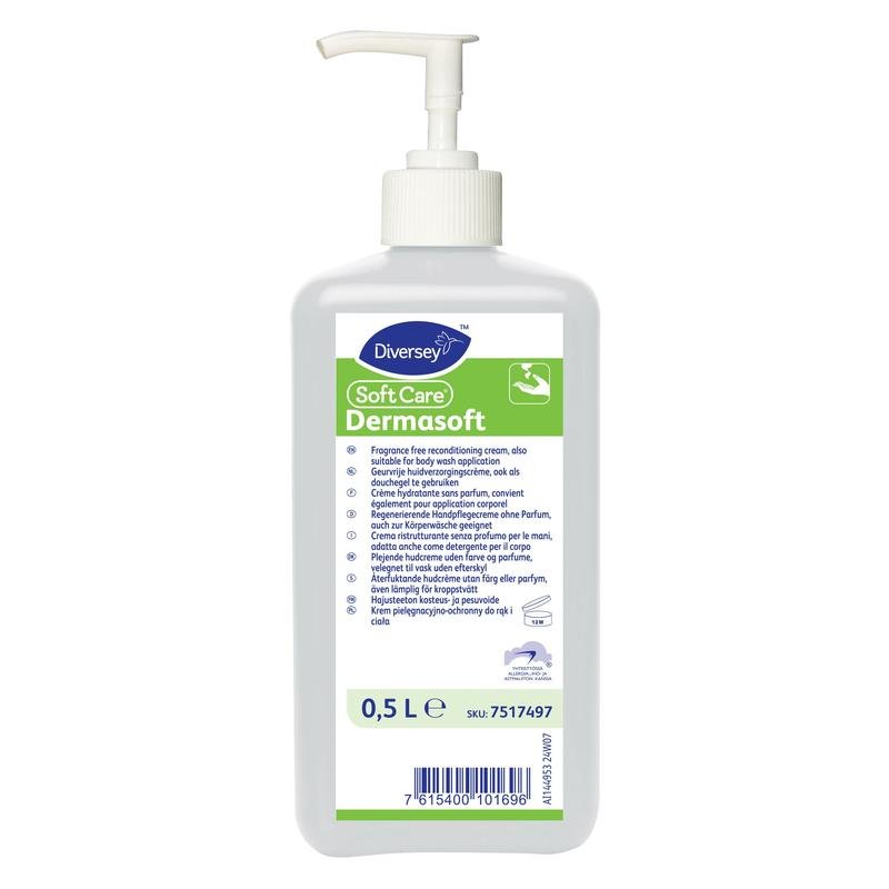 A 0.5-liter pump bottle made of white plastic containing Soft Care Dermasoft skincare cream by Diversey Deutschland GmbH & Co. OHG features a multilingual label with product details and instructions for this moisturizing cream.