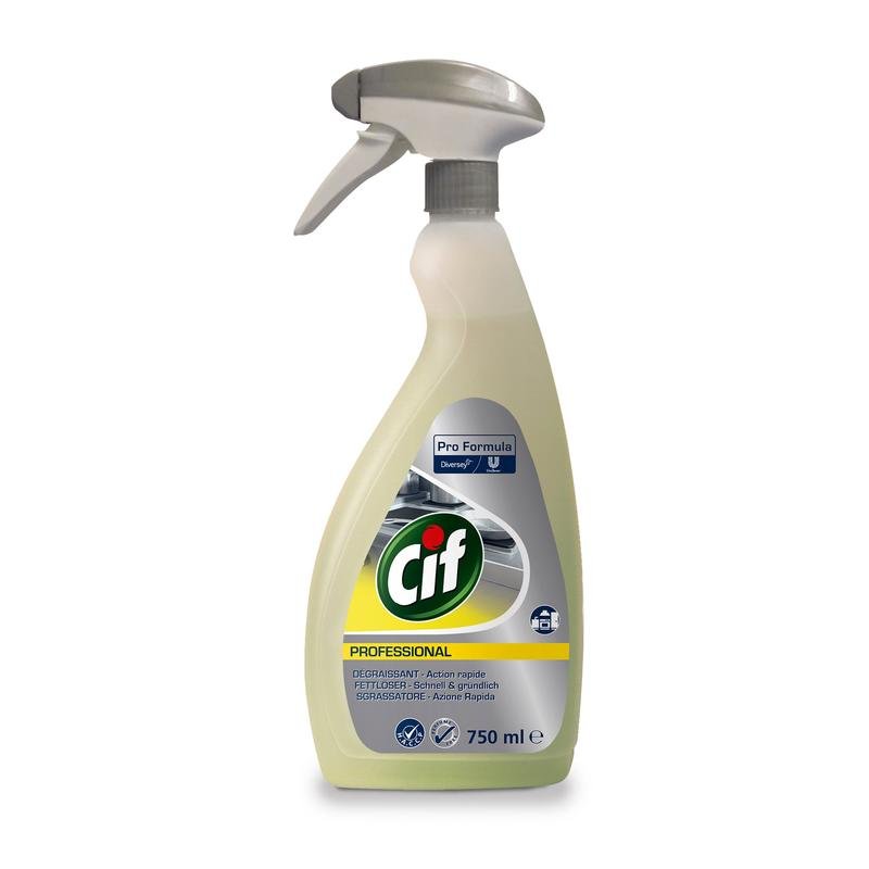 A 750 ml bottle of Cif Professional Degreaser from Diversey, strong kitchen degreaser, perfume-free, with a gray trigger nozzle and a multilingual label with images of kitchen appliances.