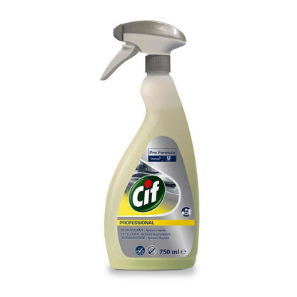 A 750 ml bottle of Cif Professional Degreaser from Diversey, strong kitchen degreaser, perfume-free, with a gray trigger nozzle and a multilingual label with images of kitchen appliances.
