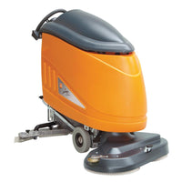 The TASKI swingo 1850 BMS from Diversey Germany is an orange-and-gray battery-powered scrubber-dryer featuring drive wheels, a handlebar, IntelliFlow, a W-shaped suction nozzle, an integrated charger, and 4×6V-180Ah batteries for the efficient cleaning of medium-sized areas.