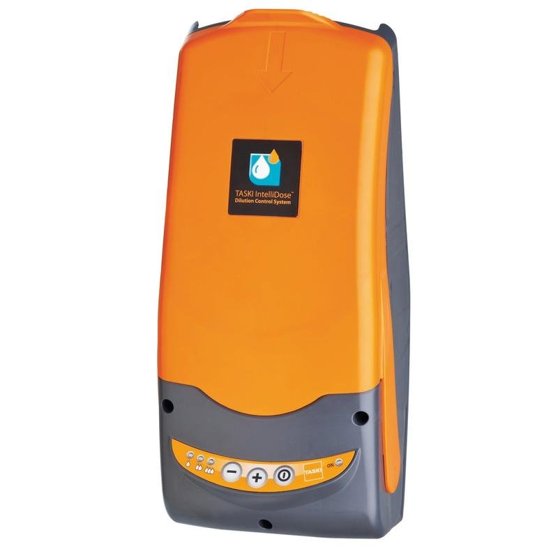 The TASKI IntelliDose swingo 4000/5000 from Diversey Deutschland GmbH & Co. OHG is an orange-gray, wall-mounted dosing system for ride-on scrubber dryers with labeled buttons and symbols on the lower front panel. The delivery is made as a single unit.