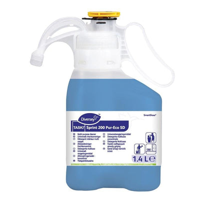 A 1.4L bottle of Diversey TASKI Sprint 200 Pur-Eco, a neutral, streak-free surface cleaner with EU eco-certification from Diversey Deutschland GmbH & Co. OHG; blue liquid; measurement markings; yellow dispenser cap; and information label.