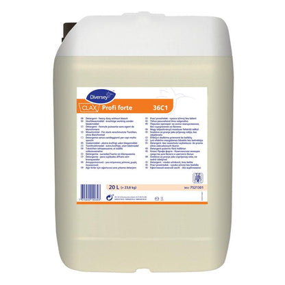 A 20-liter container with the liquid detergent Clax Profi Forte 36C1 from Diversey Deutschland GmbH & Co. OHG, intended for commercial washing machines, has a white lid and a multilingual label with product information and safety symbols.