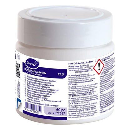 A white plastic container labeled "Suma Café AutoTab Cleaning Tablets for Espresso Machines 60 pcs." from Diversey Deutschland GmbH & Co. OHG contains 60 tablets for removing coffee oils/fats. The label includes safety and application instructions as well as a warning symbol.