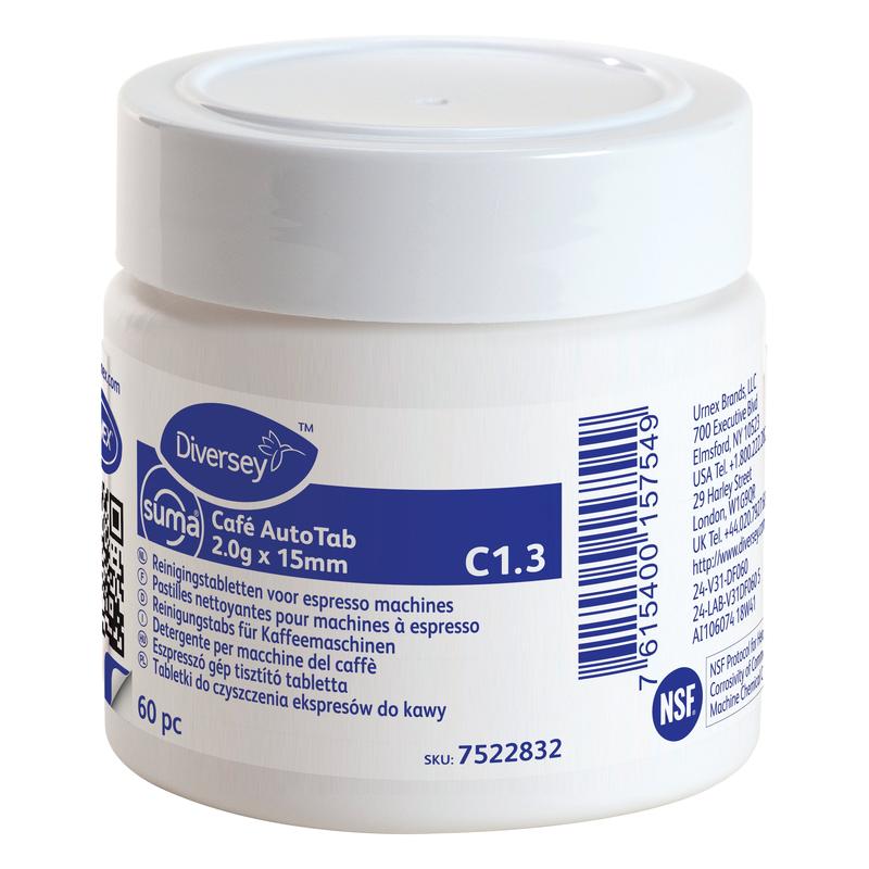 A white plastic can "Suma Café AutoTab Cleaning Tablets for Espresso Machines 60 pcs." from Diversey Deutschland GmbH & Co. OHG, removes coffee oils and extends the life of the machine; the label has multilingual information and a barcode.