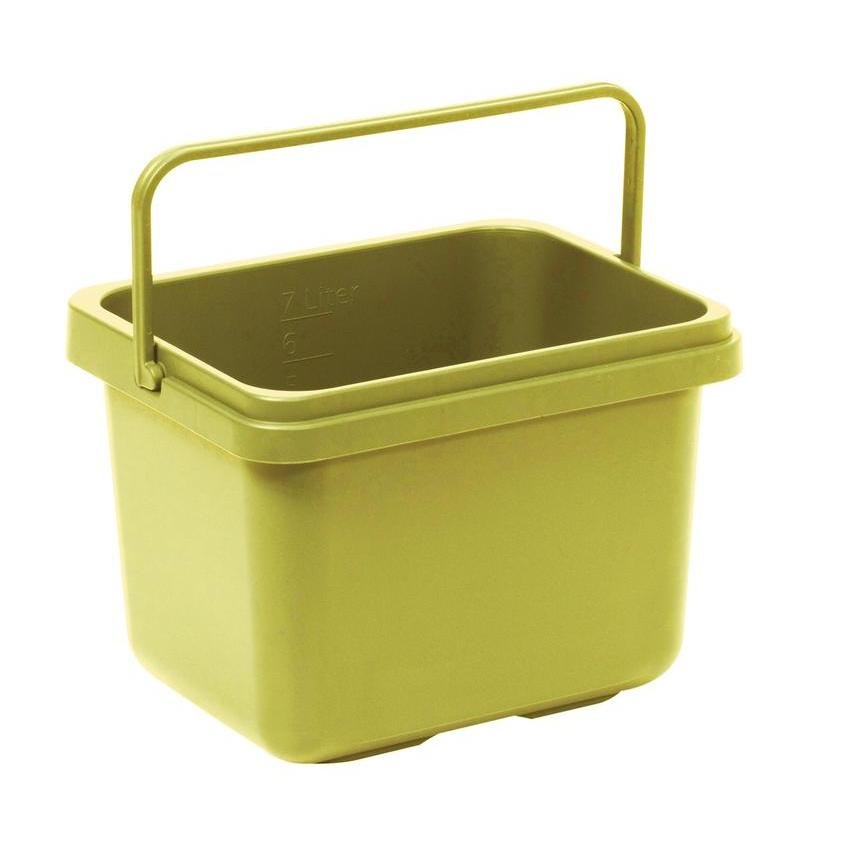 The TASKI cloth bucket 7L from Diversey Deutschland GmbH & Co. OHG is a rectangular, olive green plastic bucket with a matching carrying handle and side graduations for up to 7 liters - perfect for household cleaning.