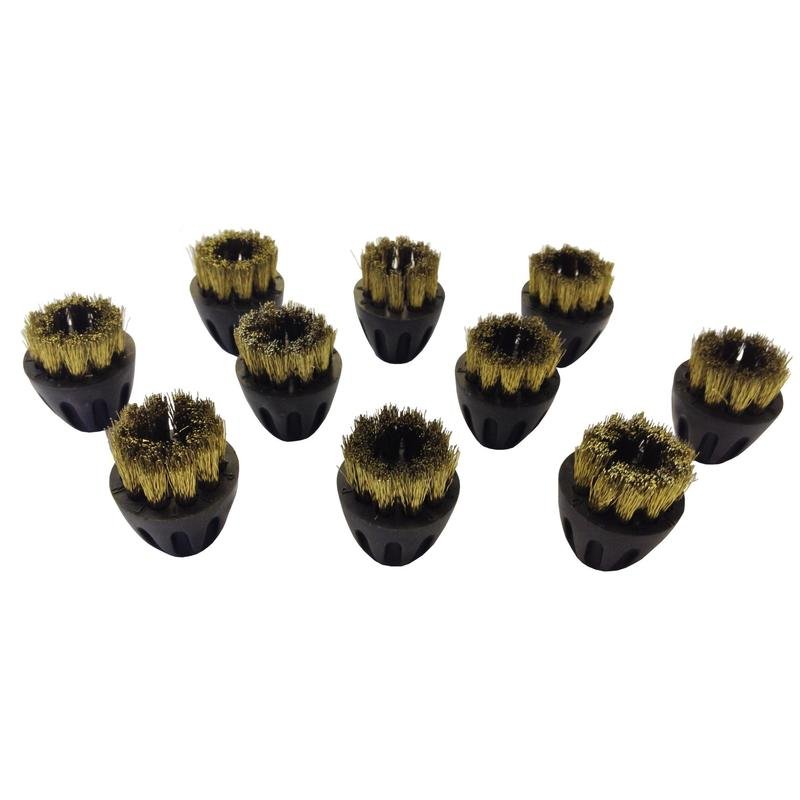 A pack of 10 bronze brushes for the TASKI Steamer (SV4-SDV8) from Diversey Deutschland GmbH & Co. OHG is pictured, showing durable brass brushes with black plastic bases on a white background.