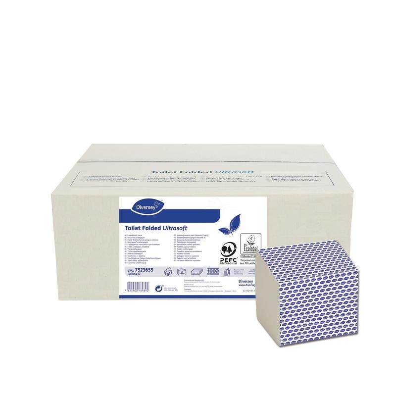 Eine große weiße Schachtel mit der Aufschrift "Toilettenpapier "Folded" Ultrasoft 36x250 Stk., 2-lagig, weiß, umweltzertifiziert" der Diversey Deutschland GmbH & Co. OHG steht hinter Falzbogen mit blau gemustertem Rand; Produktdetails sind sichtbar.