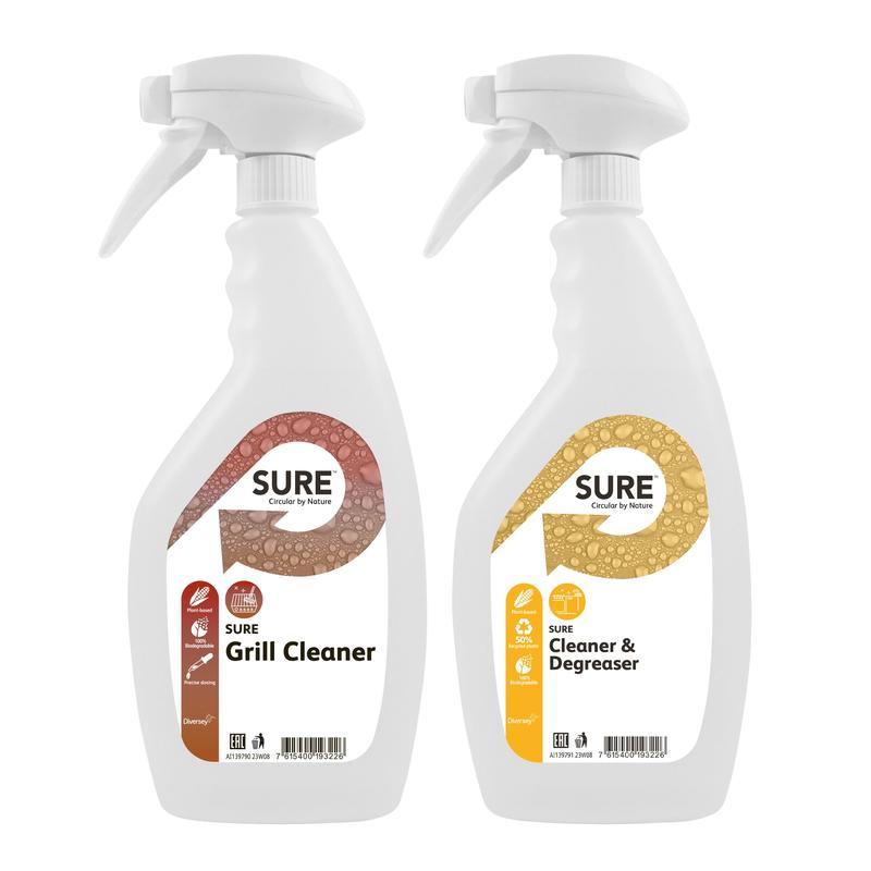 Two white trigger spray bottles from Diversey Deutschland GmbH & Co. OHG are depicted: on the left with a brown SURE Grill Cleaner label for grills, on the right with a yellow SURE Cleaner & Degreaser label.