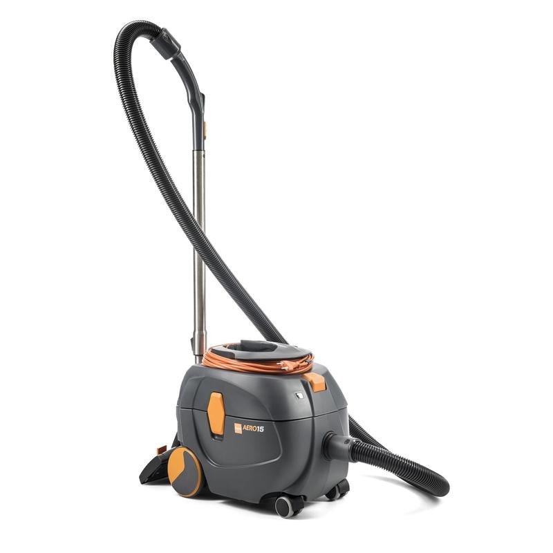 The TASKI AERO 15 from Diversey is a compact, powerful, and quiet canister vacuum cleaner including accessories (1 piece) in black-orange design - ideal for flexible, comfortable vacuuming through hose, metal tube, and carrying handle.