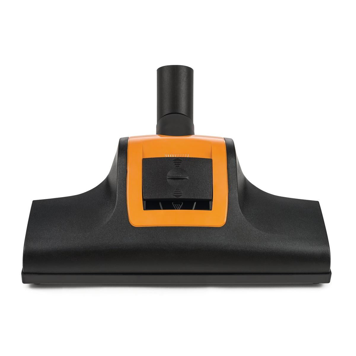The Diversey TASKI AERO Turbo Vacuum Brush in Black and Orange is equipped with two switches and fits the TASKI AERO models to ensure efficient cleaning. Pictured is a floor head attachment (1 piece) on a white background.