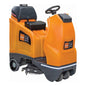 The TASKI swingo 2100µicro BMS Li-Ion from Diversey Deutschland GmbH & Co. OHG is a compact orange ride-on scrubber-dryer with a black seat, steering wheel, visible front brushes, and a 150Ah Li-Ion battery with an integrated charger for extended cleaning.