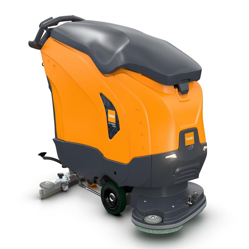 Die orange-graue TASKI ULTIMAXX 2900 DD55 Performance BMS 25A EBU von Diversey Deutschland verfügt über einen Griff, ein Bedienfeld, einen Radantrieb, einen 63-Liter-Tank, eine 55-cm-Doppelscheibe und einen sichtbaren "TASKI"-Schriftzug an der Front und an der Seite.