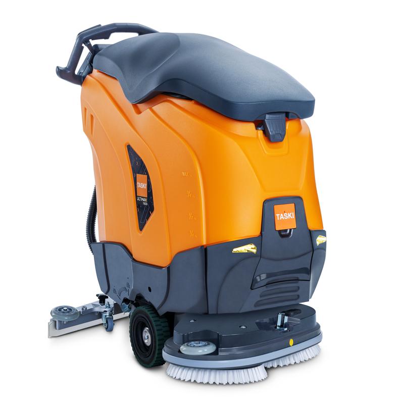 Die Diversey TASKI ULTIMAXX 1900 DD55 Performance BMS 40A EBU ist eine orange-graue Scheuersaugmaschine der nächsten Generation mit Radantrieb, 43L Tank, einer 55cm Doppelscheibe, sichtbaren Wassertanks, Bedienknöpfen auf der Oberseite, Rädern und einem Griff.