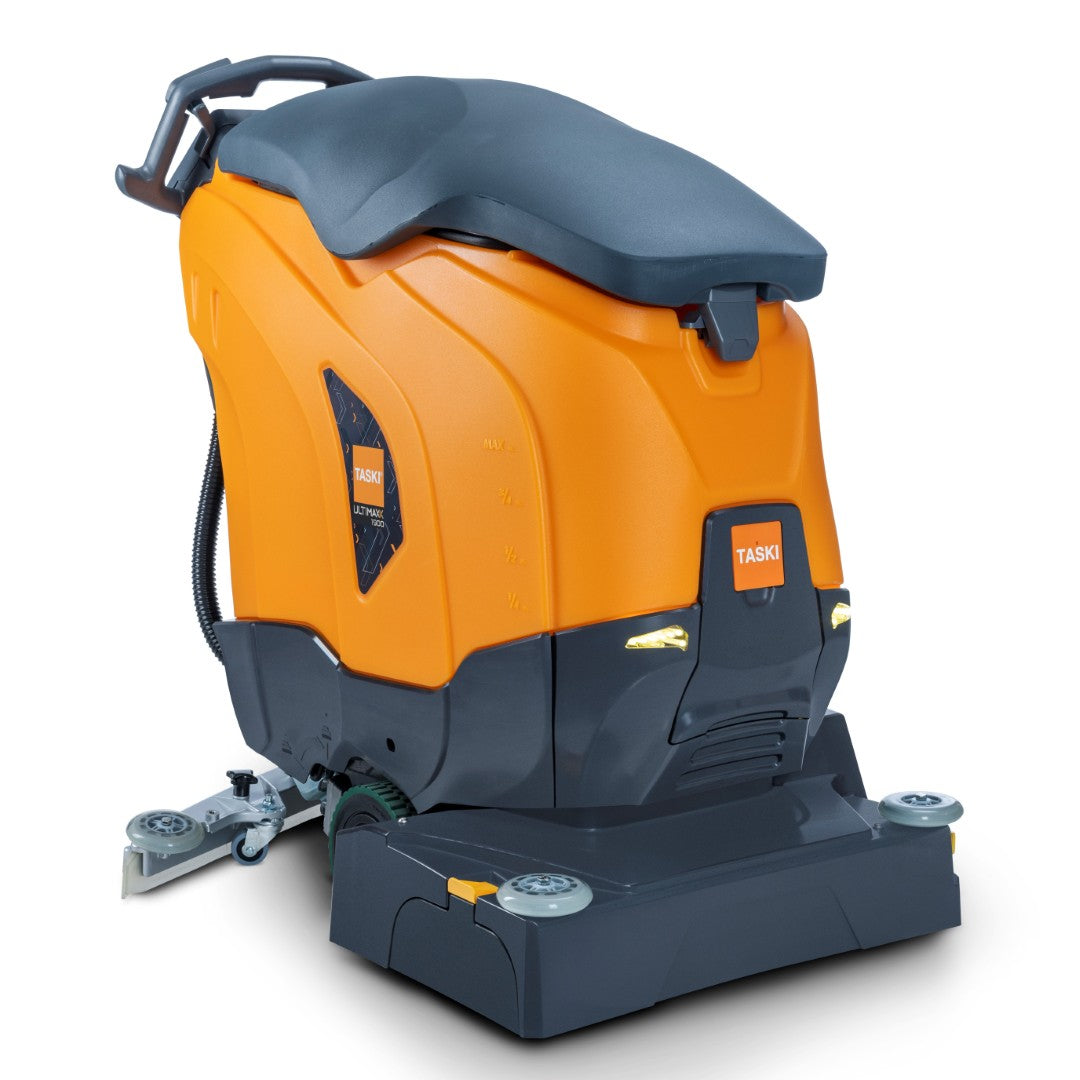 The TASKI ULTIMAXX 1900 RB55 Performance BMS 13A from Diversey Deutschland GmbH & Co. OHG is an orange-gray scrubber dryer of the next generation with wheel drive, 42L tank, 55cm dual brush, wheels, handle, and upper control panel for commercial use.