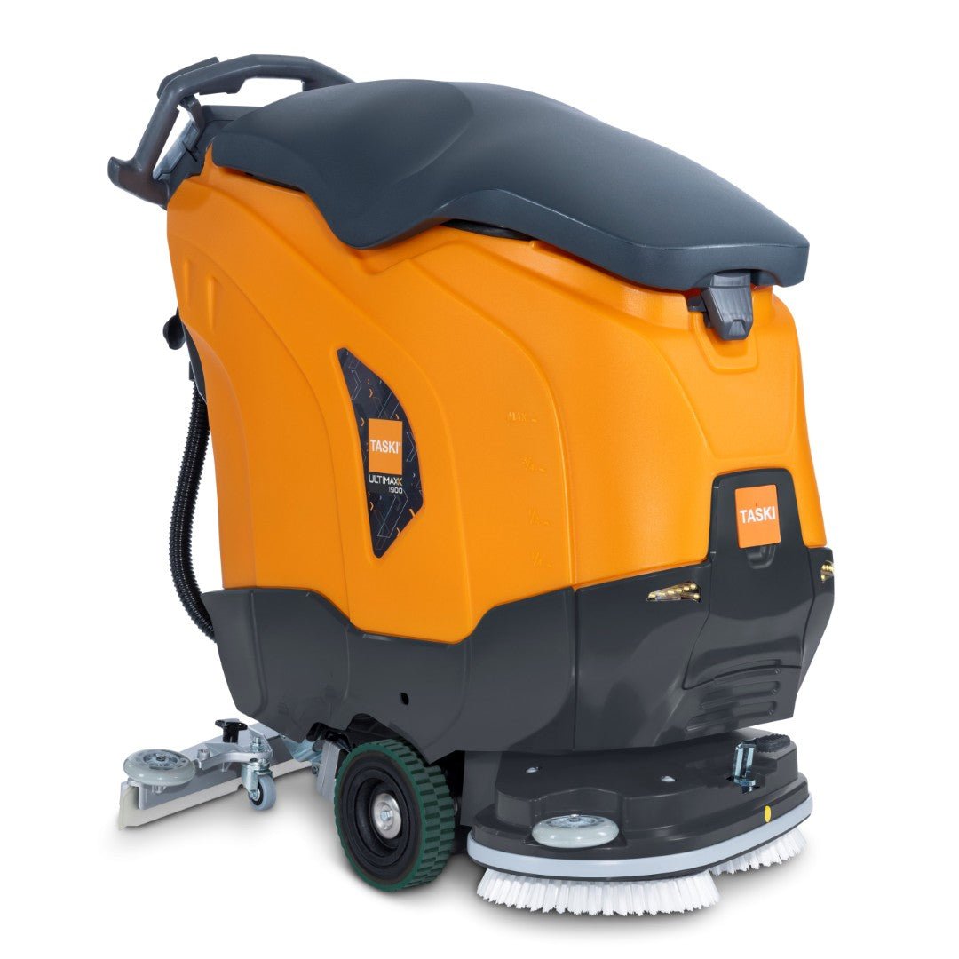 The TASKI ULTIMAXX 1900 DD55 Performance BMS 40A from Diversey Germany is a next-generation scrubber-dryer with wheel drive, 43L tank, 55cm double disc, and large handlebar - ideal for efficient cleaning of large areas.