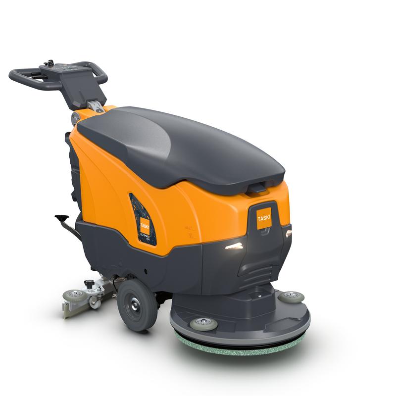 Die TASKI ULTIMAXX 900 SD50 von Diversey Deutschland GmbH & Co. OHG ist eine nicht angetriebene Scheuersaugmaschine der nächsten Generation mit einem 20-Liter-Behälter und einer 50-cm-Einzelscheibe, abgebildet in Orange und Grau mit Steuergriff und Rädern auf weißem Hintergrund.