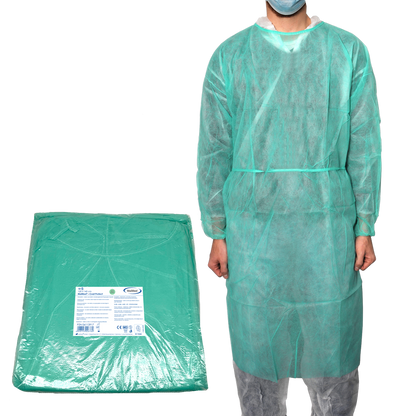 MaiMed-Coat Protect, protective gown made of fleece, green non-sterile, elastic sleeve cuffs, length 120cm, 10 pieces | Pack (10 pieces)