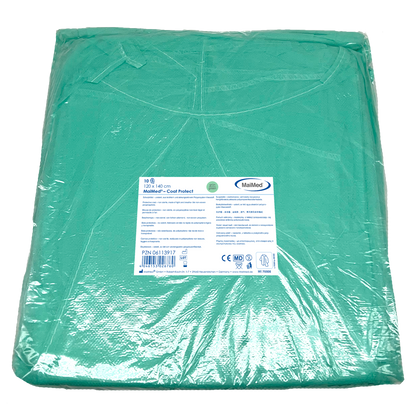MaiMed-Coat Protect, protective gown made of fleece, green non-sterile, elastic sleeve cuffs, length 120cm, 10 pieces | Pack (10 pieces)