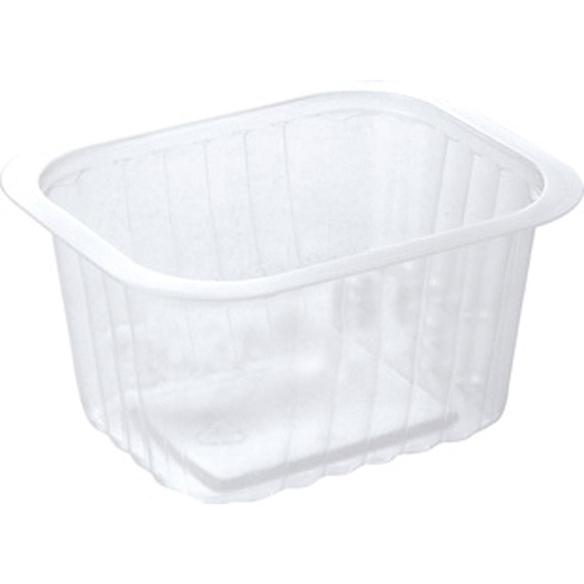 Das Duni GmbH PP-Schälchen Transparent PP 138x114 ist ein klarer, rechteckiger Behälter mit abgerundeten Ecken und gerippten Seiten - ideal für die sichtbare Aufbewahrung von Lebensmitteln.