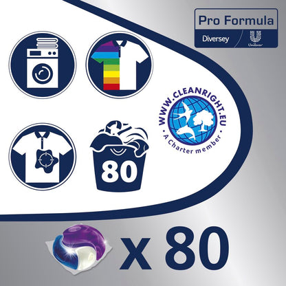 Eine Grafik zeigt Waschmaschinensymbole: Waschmaschine, Regenbogenhemd, fleckiges Hemd zur Fleckentfernung, Korb "80", Cleanright-Logo, Wäscheschale mit "x 80", Unilever- und Diversey-Logos. Omo Professional Active Clean 3in1 Kapseln von Diversey als professionelles Waschmittel.